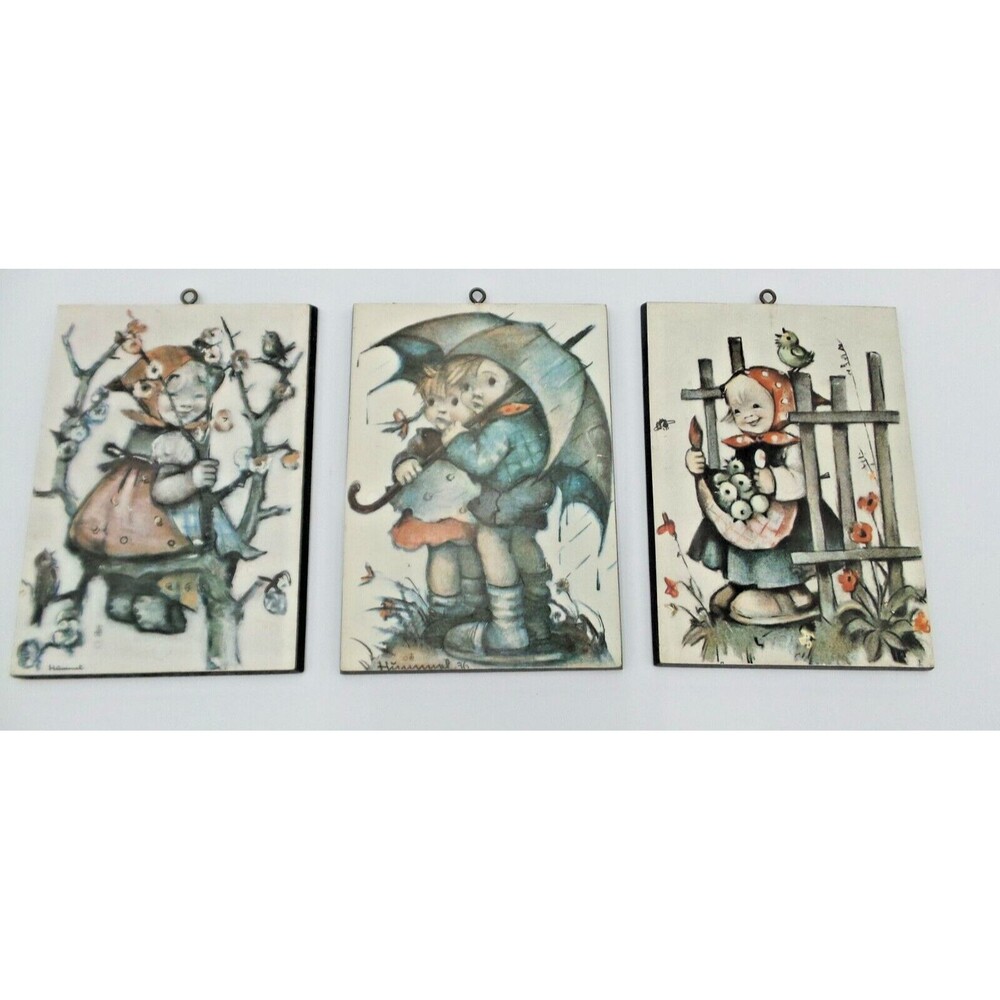 Vintage Antique Lot of 3 Goebel Hummel Wooden Wall Plaques